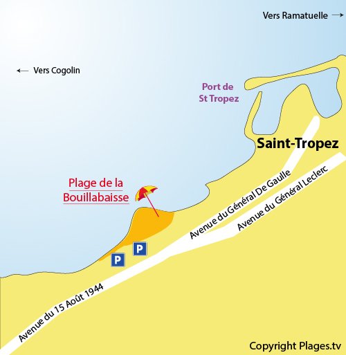Map of Bouillabaisse Beach in Saint Tropez - France Пляжи Сен-Тропе