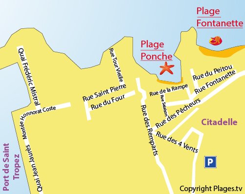 Map of Ponche Beach in Saint Tropez - France Пляжи Сен-Тропе