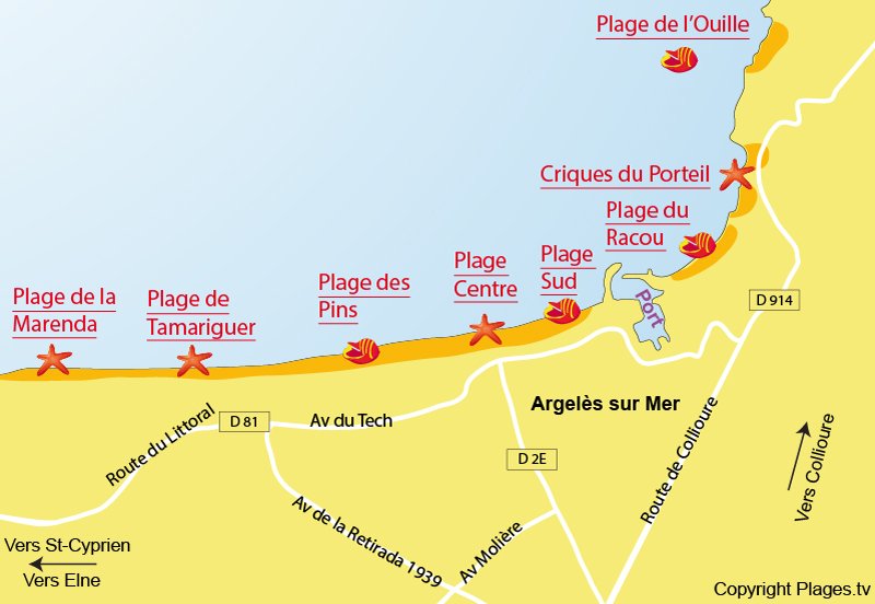 Carte des plages à Argelès sur Mer 66