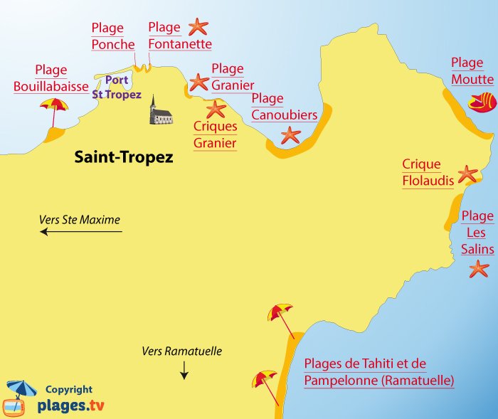 Carte des plages de St Tropez