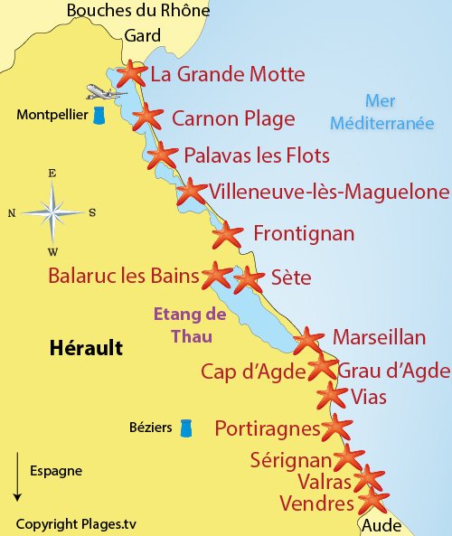 Carte des stations balnéaires de l'Hérault