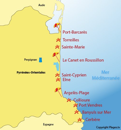 Carte des stations balnéaires et des plages des Pyrénées Orientales 66
