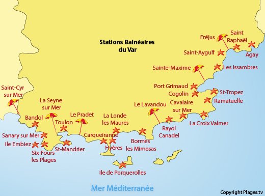 Map of the beaches in the Var department in France Пляжи Сен-Тропе