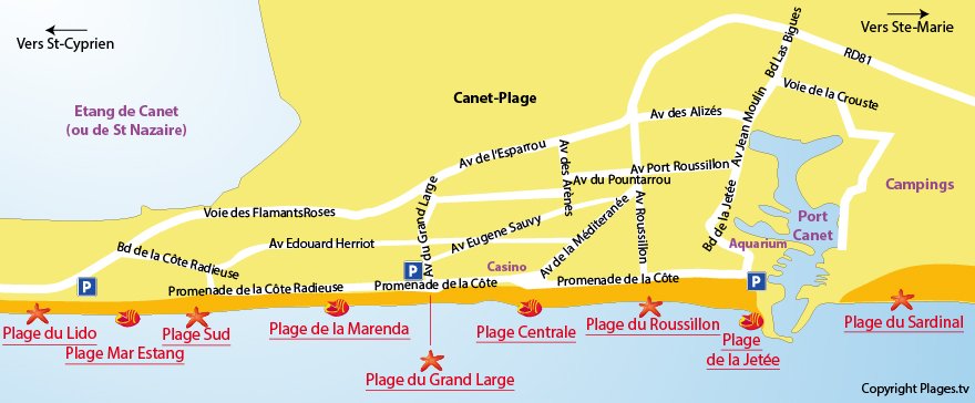Plan des plages du Canet en Roussillon dans le 66