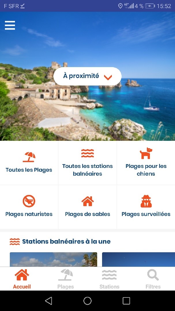 Page d'accueil de la page d'accueil de l'application mobile Android pour Plages.tv