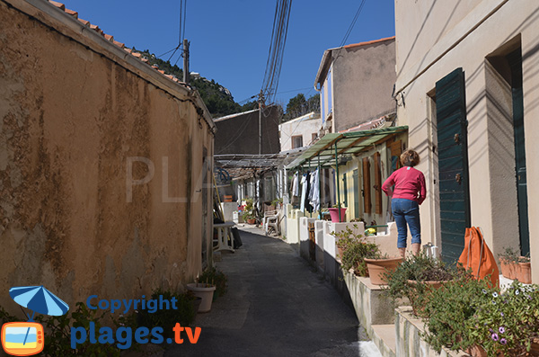 Ruelle dans la calanque de Morgiou avec des cabanons