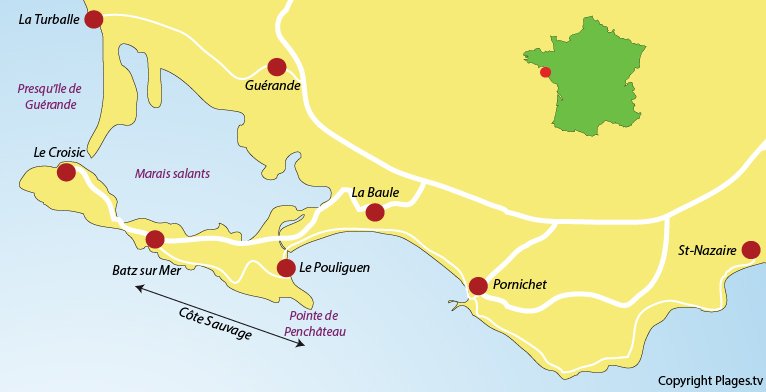 Carte du littoral de la Côte Sauvage autour de La Baule ainsi que des stations balnéaires