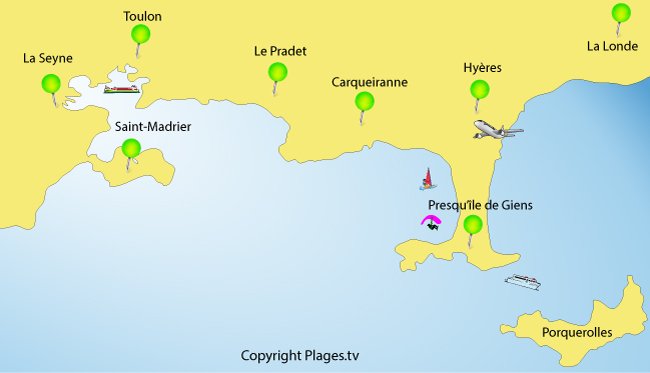 Carte des stations balnéaires entre Toulon et Hyères