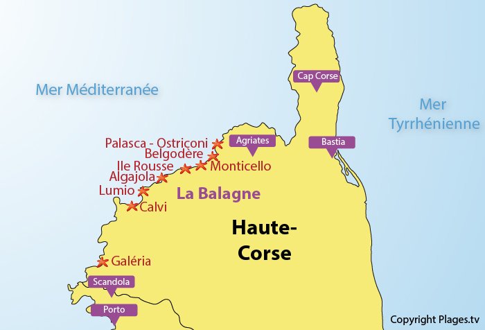 Map of seaside resorts in Balagne in Corsica