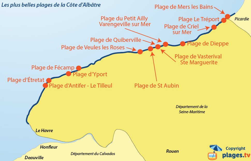 Carte des plus belles plages de la Côte d'Albâtre