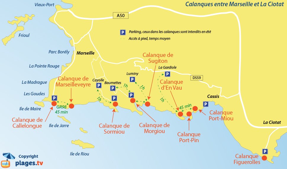 Carte des calanques de Marseille à La Ciotat en passant par Cassis