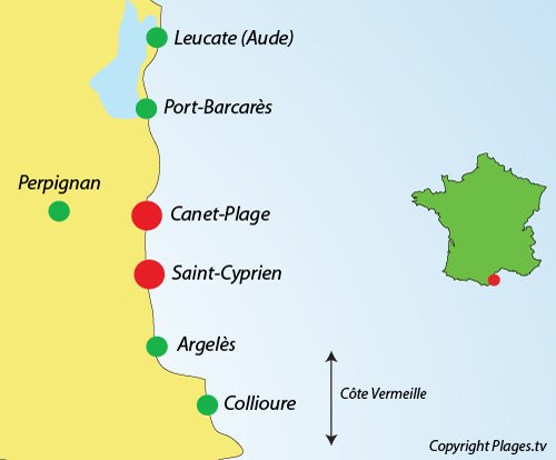 Map of the Pyrenees Orientales seaside resorts around Perpignan in France