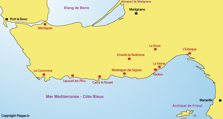 Carte de la Côte Bleue et des points d'intérêts