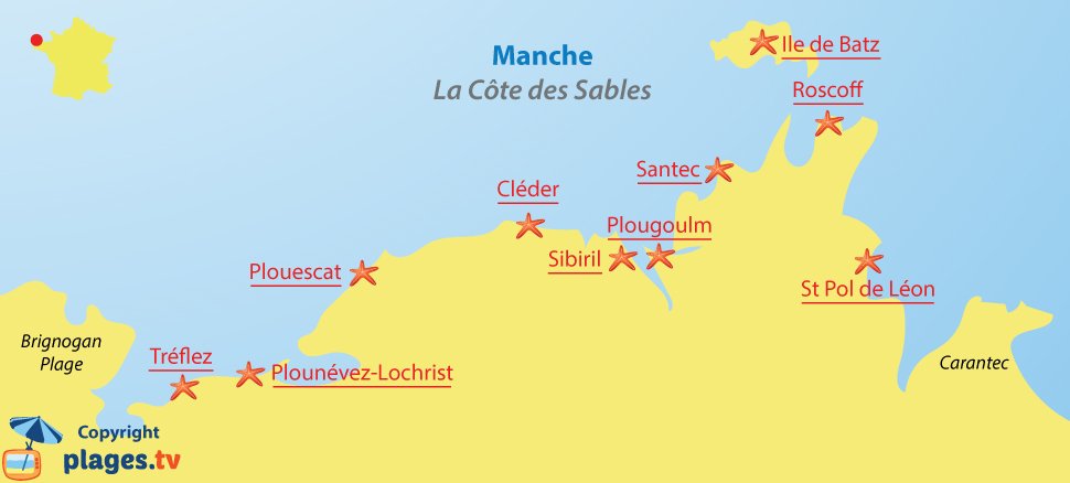 Carte de la côte des Sables en Bretagne - Plages et stations balnéaires