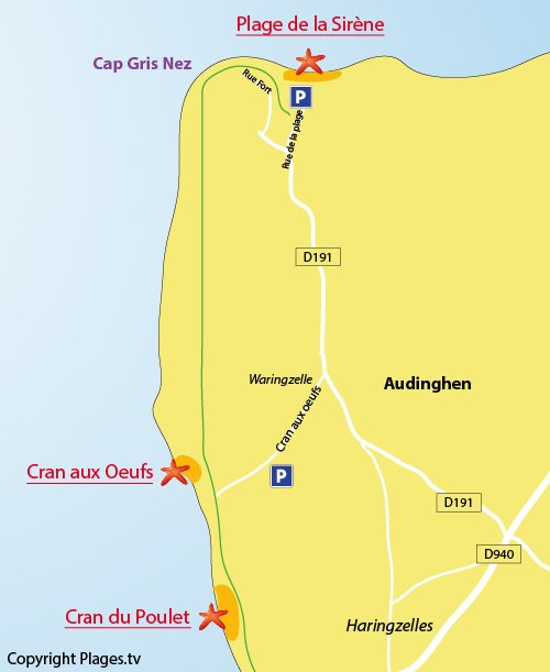 Map of Cran aux Oeufs Beach in Audinghen