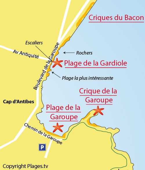 Map of Gardiole Beach in Cap d'Antibes