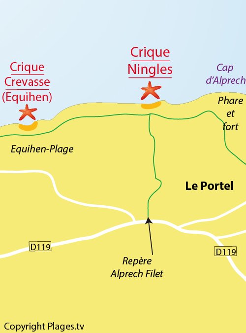 Carte de la crique des Ningles au Portel