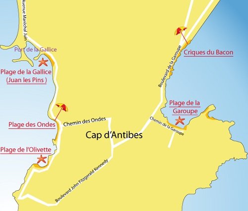 Carte des criques du Bacon au Cap d'Antibes