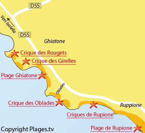 Map of Oblades Beach next to Rupione (Corsica)