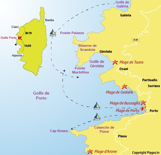 Carte des plages du golfe de Porto en Corse