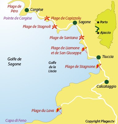 Carte des plages et stations balnéaires du golfe de Sagone en Corse