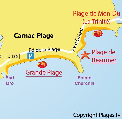 Map of Grande Plage in Carnac in France