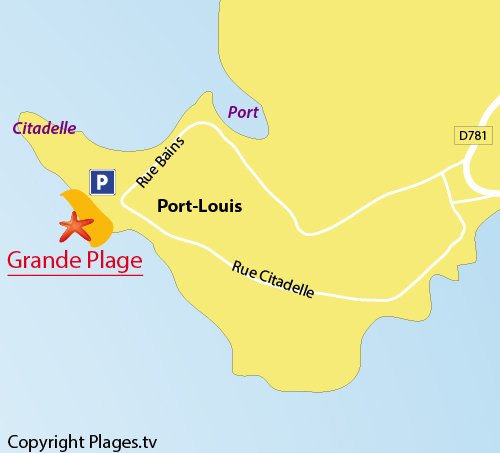 Map of Grande Plage Beach in Port-Louis in Brittany