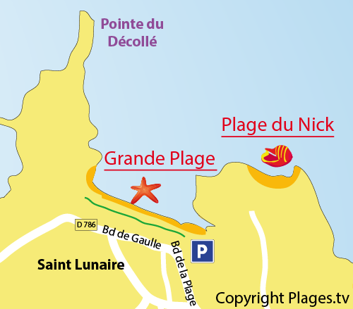 Map of Grande Beach in Saint Lunaire in France