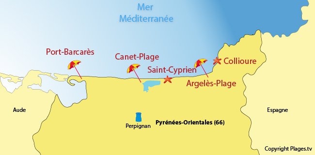 Carte des plus importantes stations balnéaires des Pyrénées Orientales