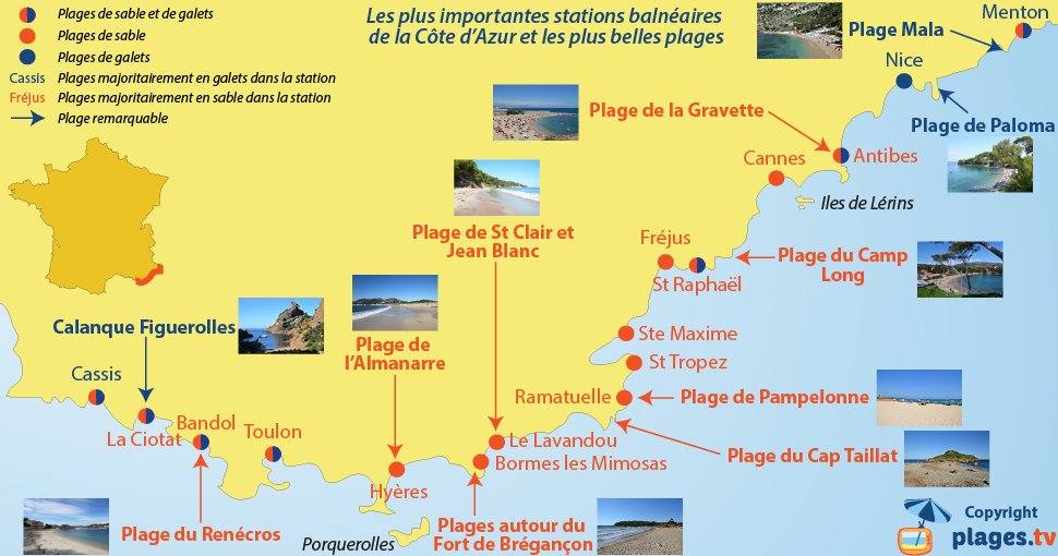 Carte des plus grosses stations balnéaires de la Côte d'Azur et des plus belles plages