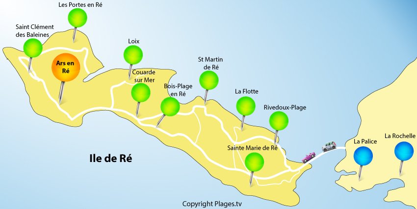 Map of Island of Ré in France with the village of Ars en Ré