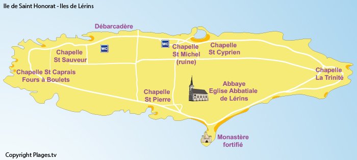 Carte de l'île Saint Honorat avec les points d'intérêts