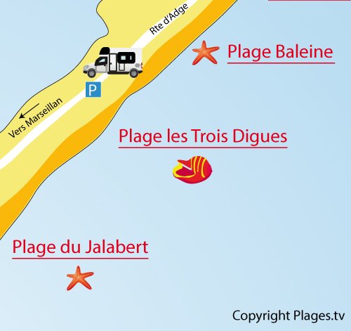 Map of 3 Digues Beach in Sète