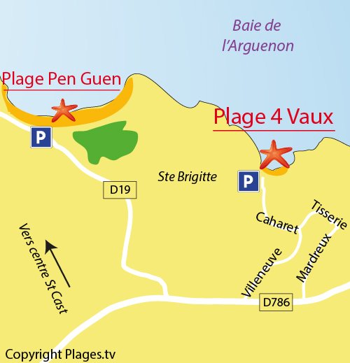 Carte de la plage des 4 Vaux à St Cast le Guildo