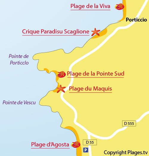 Map of Agosta beach in Porticcio in Corsica