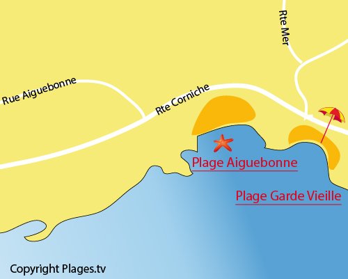 Plan de la plage d'Aiguebonne à St Raphaël dans le Var