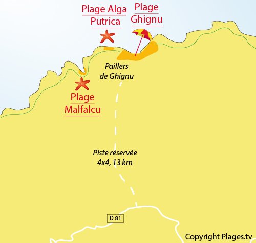 Carte de la plage d'Alga Putrica dans le désert des Agriates