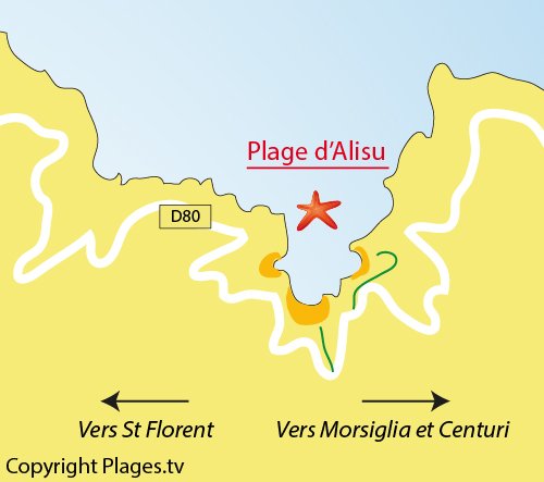 Carte des plages dans le golfe d'Alisu à Morsiglia dans le Cap Corse