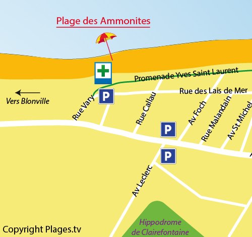 Map of Ammonites Beach in Bénerville sur Mer (Normandy)