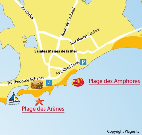 Carte de la plage des Amphores aux Saintes Maries de la Mer