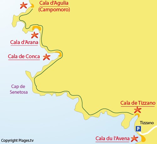 Map of Cala d'Arana Beach in Sartène