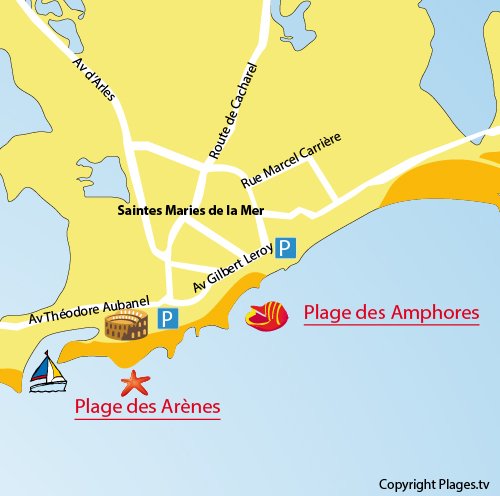 Carte de la plage des Arènes aux Saintes Maries de la Mer