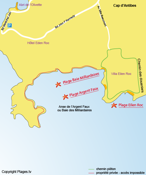 Mappa della Spiaggia dell'Argent Faux del Cap d'Antibes