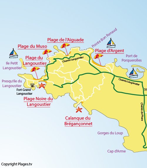 Carte de la plage d'Argent à Porquerolles