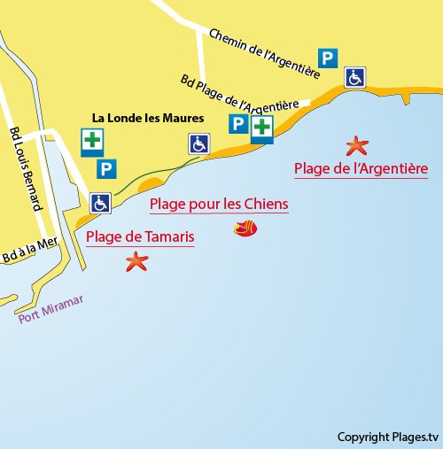 Carte de la plage de l'Argentière à La Londe dans le Var