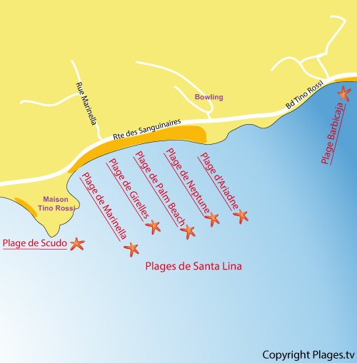 Carte de la plage Ariadne (Santa Lina) à Ajaccio