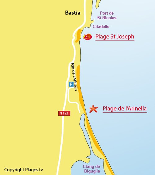 Map of Arinella Beach in Bastia in Corsica