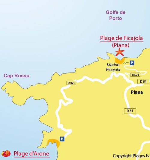 Map of Arone Beach in Piania in Corsica