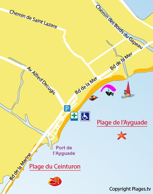 Plan de la plage de l'Ayguade à Hyères