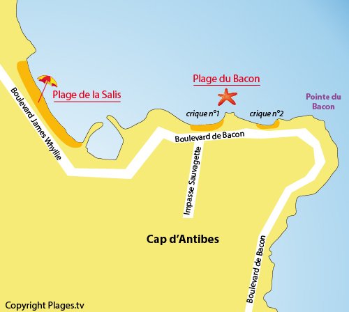 Carte de la plage du Bacon au Cap d'Antibes